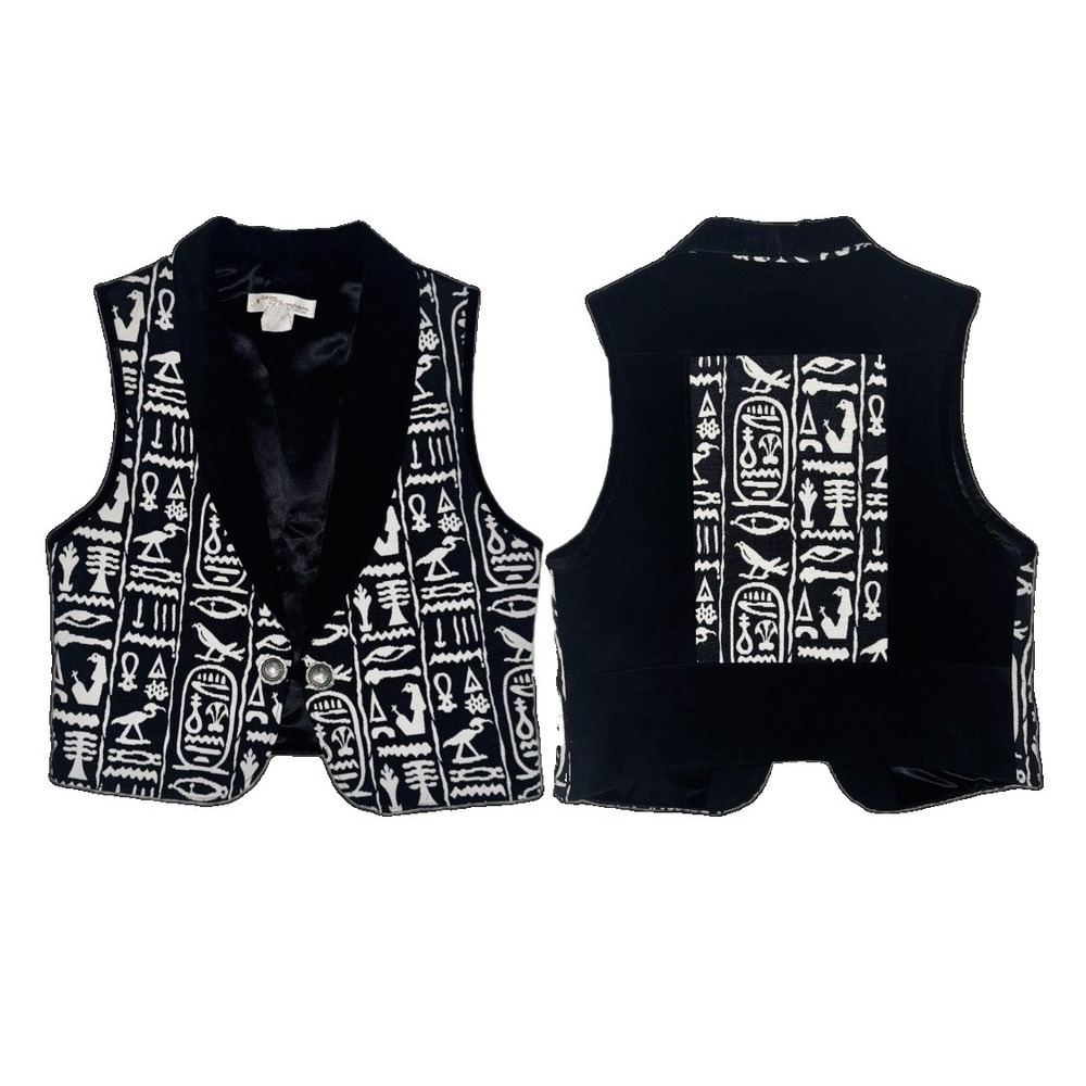 VTG 90's Norm Thompson White Egyptian Hieroglyphic XS Tapestry Vest Black Suede